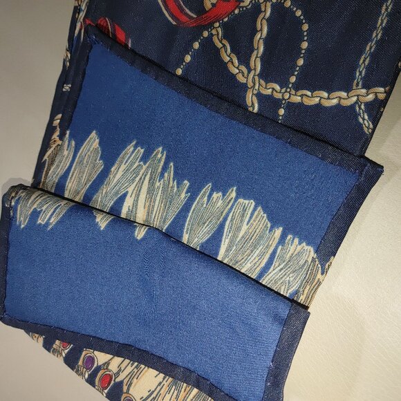 Navy Silk Scarf With Clock Tassel Print Long Rectangular Design Coat Accent - Picture 2 of 7